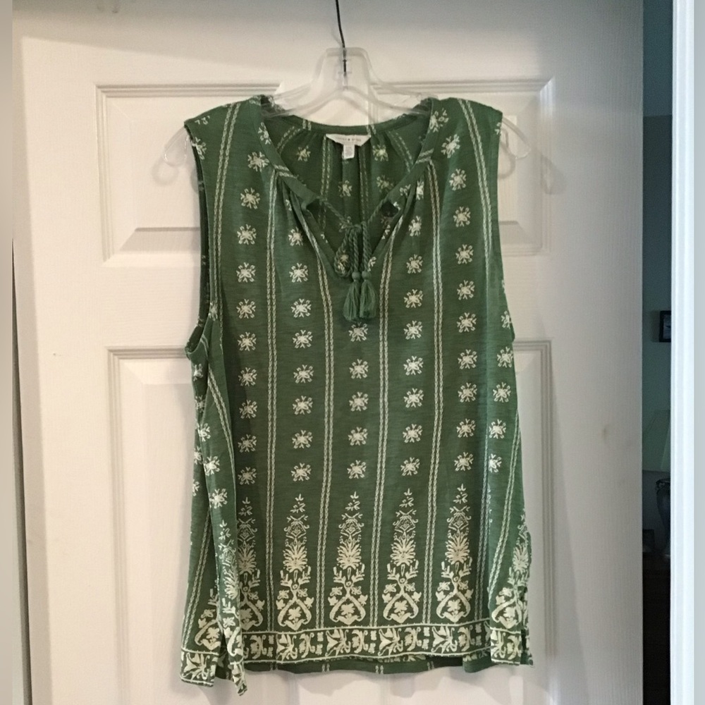 Lucky Brand Green Floral Tie Neck Sleeveless Top